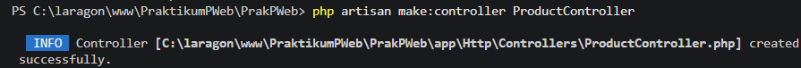 Output pembuatan ProductController